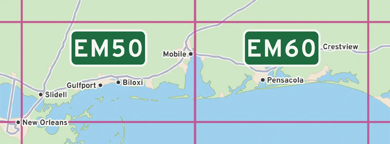 Maidenhead grid squares EM50 and EM60 on the Gulf Coast, from Slidell through Mobile to Pensacola